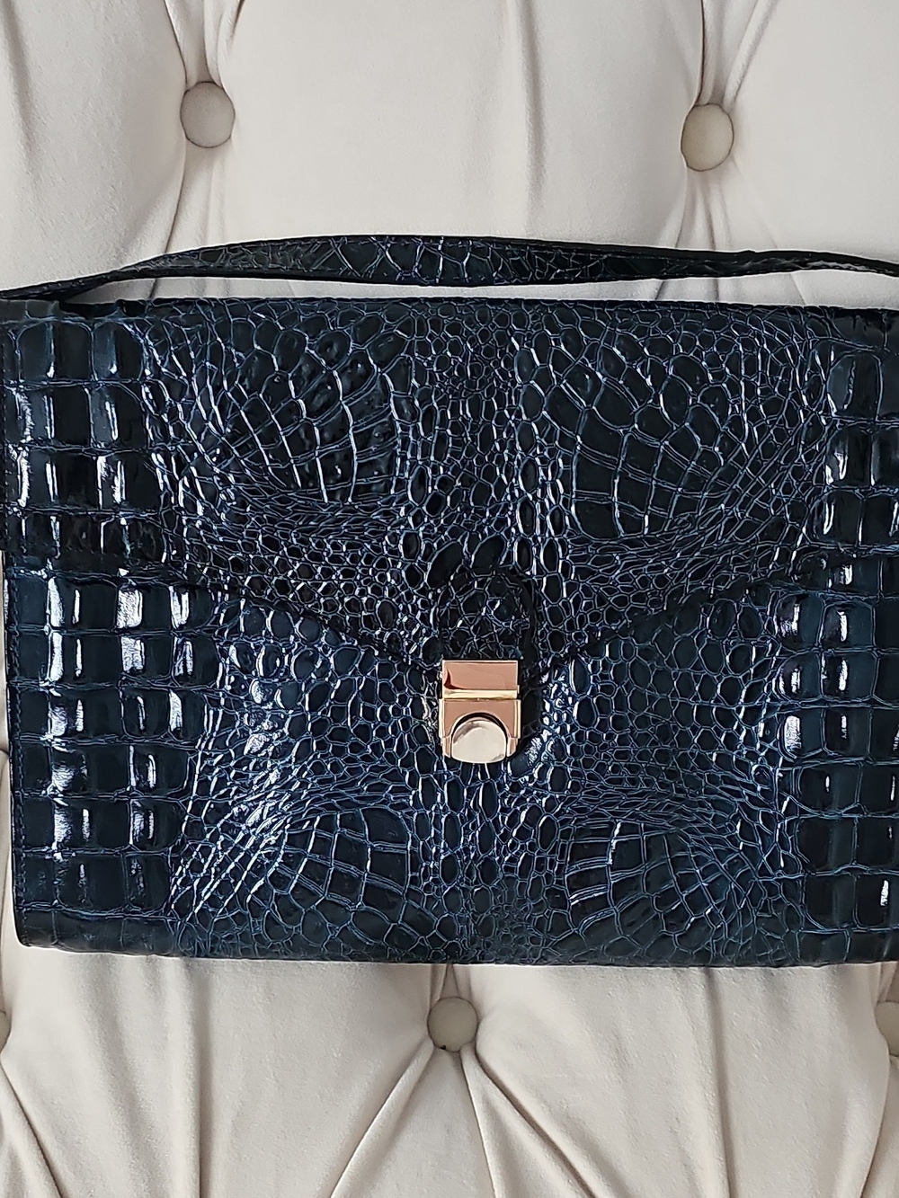 Elegant Croc-Embossed Shoulder Bag in Dark Blue with Gold Hardware 12.5" x 9"